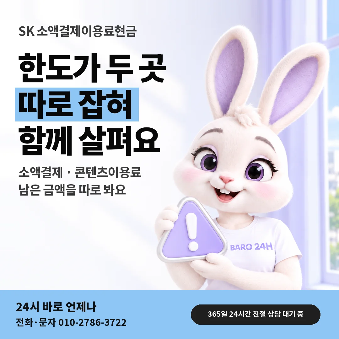 주의 표지판을 든 BARO 24H 티셔츠를 입은 3D 토끼 캐릭터 옆에 「SK 콘텐츠이용료 한도 함께 보기」 제목을 얹은 안내 카드
