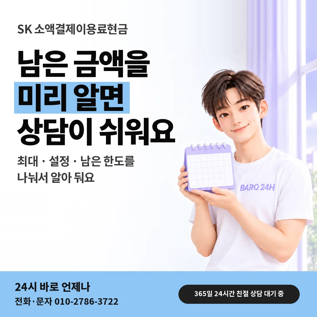 달력을 든 BARO 24H 티셔츠를 입은 3D 인물 옆에 「SK 남은 한도 알아 두기」 제목을 얹은 안내 카드