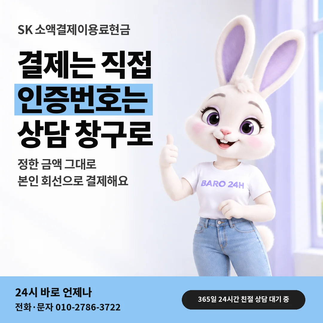 휴대폰을 보며 웃는 BARO 24H 티셔츠를 입은 3D 토끼 캐릭터 옆에 「SK 인증번호와 직접 결제」 제목을 얹은 안내 카드
